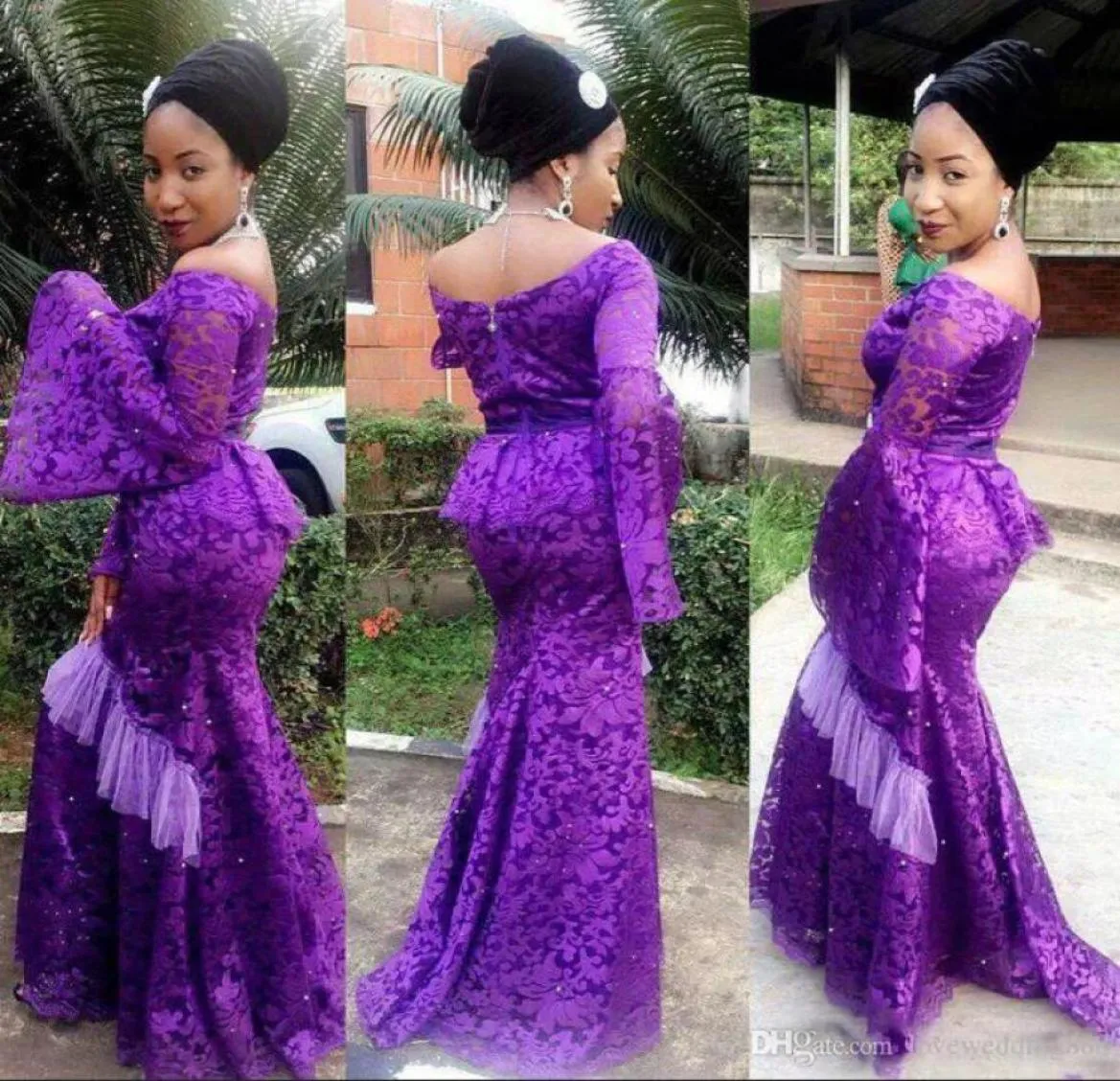 2019 abiti da sera nigeriana africani viola aso ebi in pizzo stili dalla spalla peplo soffice maniche lunghe abiti da ballo da ballo forma7128988