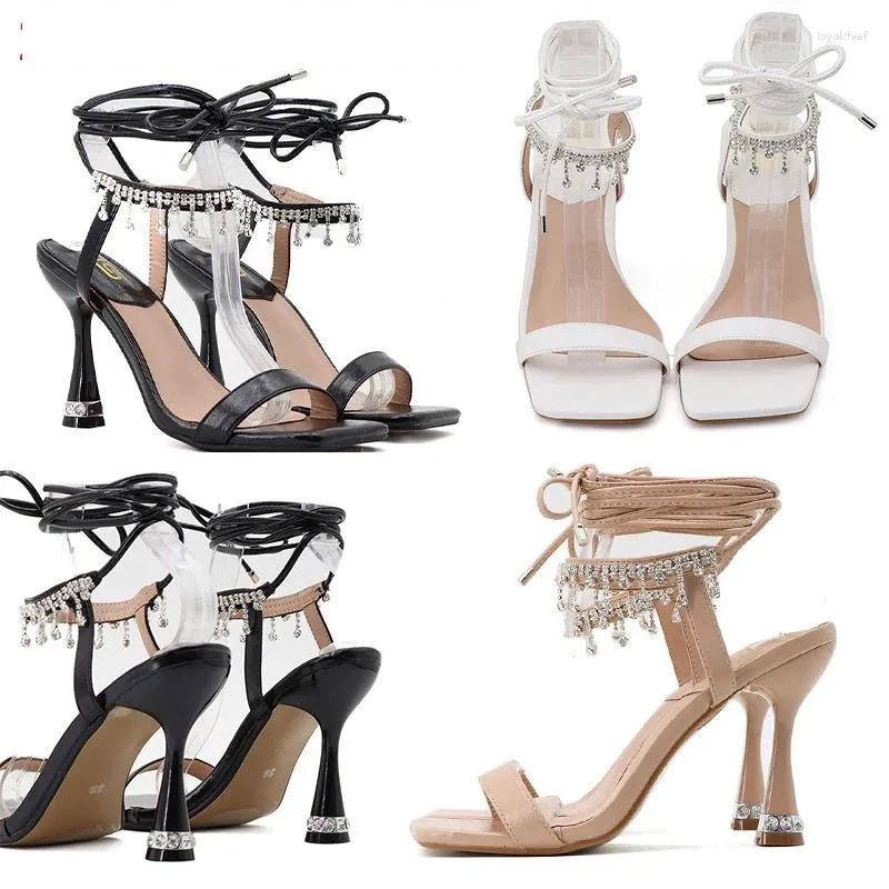 Sandalen Sommer Fringe Bling Crystal Lady 9cm High Heels Designer Block Mid Luxury Square Toe Laufsteg Schuhe