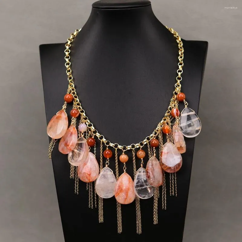 Pendant Necklaces G-G Natural Red Agate Orange Rutilated Quartz Gold Plated Chain Necklace Handmade Lady Jewelry Gifts