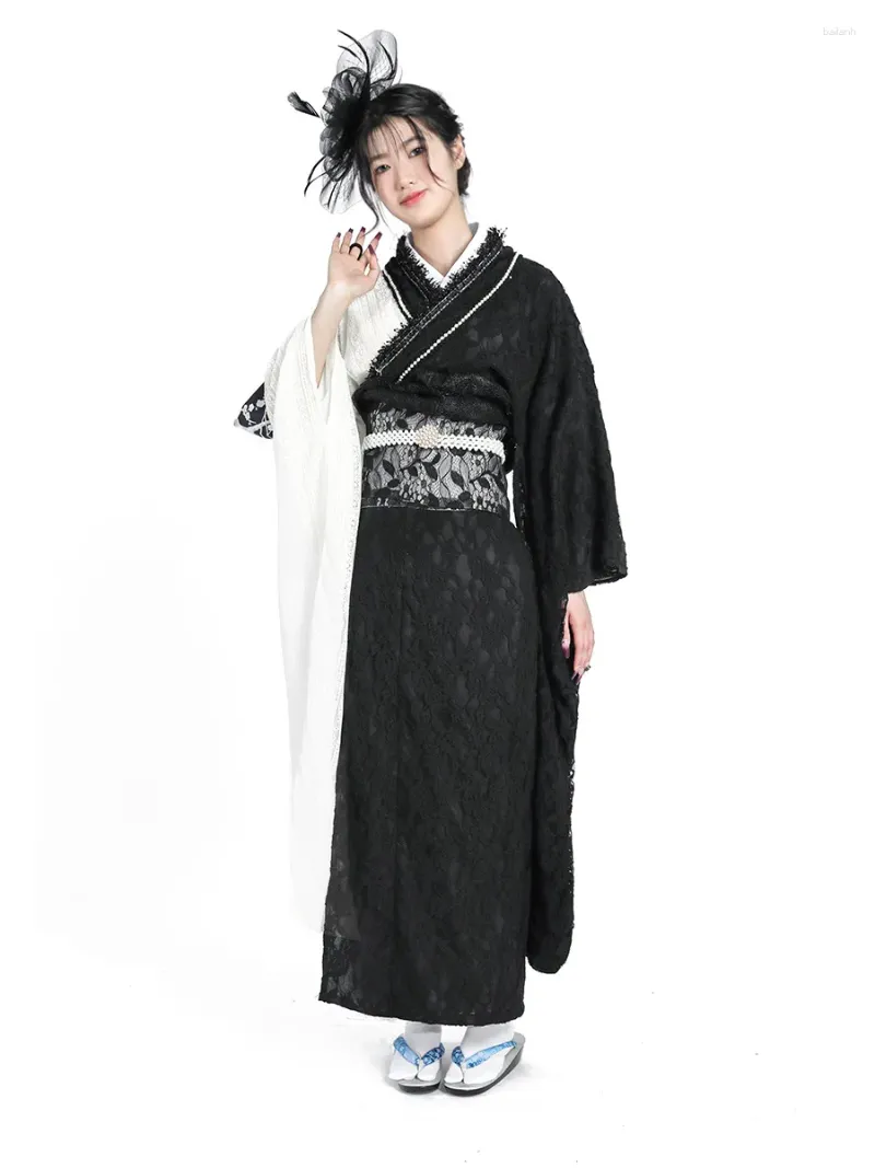 Ethnic Clothing Japanese Lace Kimono Women's Black White Color Modified Big Sleeve Graduation Dresses Formal