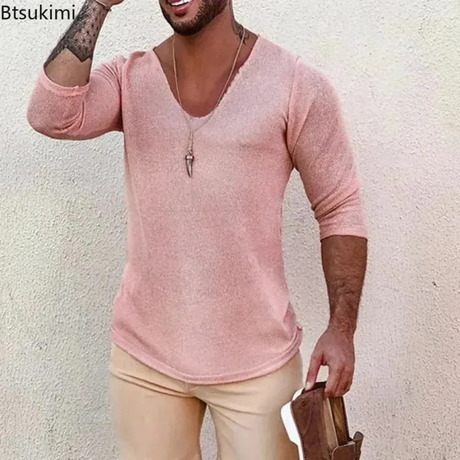 2024 MENS CASUAL Långärmning Kniited Sweaters Thin Style Mens Spring Autumn Clothing Solid V Neck Knitting Pullover Knit Topps 240428