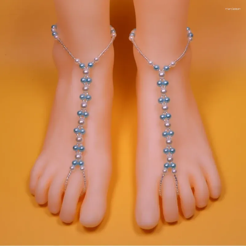 Anklets Bohemia Blue Wit Imitatie Pearl Beading Elastische teen Ring Anklet voor vrouwen Summer Beach Barefoot Sandalen voet sieraden