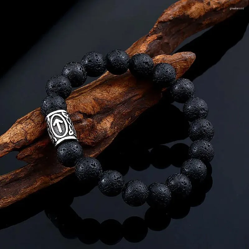 STRAND Black Fashion roestvrijstalen Vikings Rune Bead Bracelet For Men Women Punk Unieke creatieve lava stenen armbanden amulet sieraden