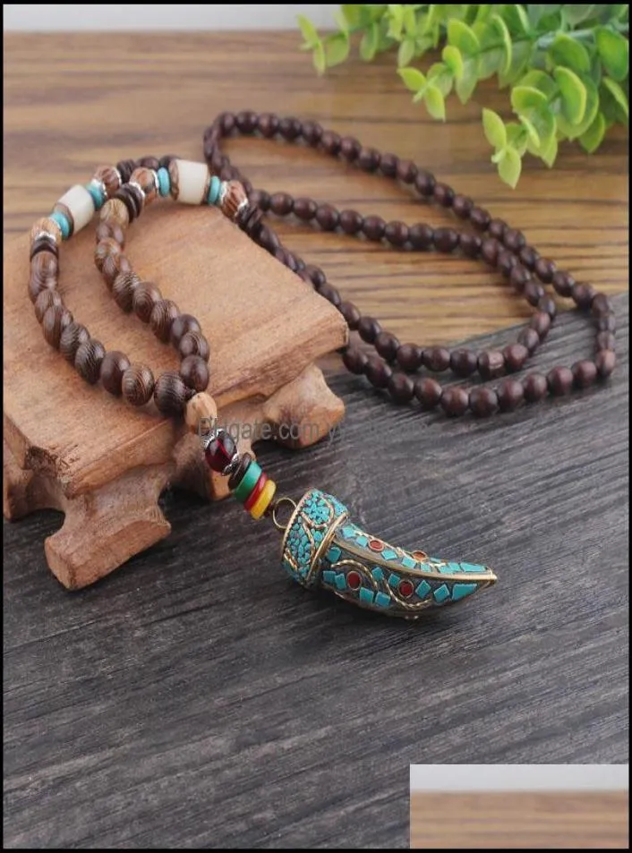 Naszyjniki wisiorek wisiorki biżuteria Weiyu ręcznie robione nepal buddyjskie mala drewniane koraliki naszyjnik etniczny wół róg długi oświadczenie dla Wome3581308