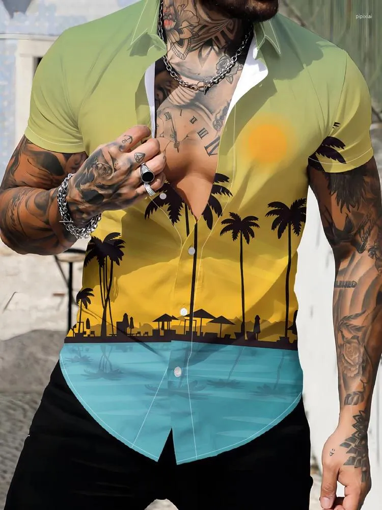 Camisas casuais masculinas Summer Coconut Tree Beach Sunset 3D Botões de moda de moda impressa Camisa Hawaii Férias de mangas curtas de mangas curtas