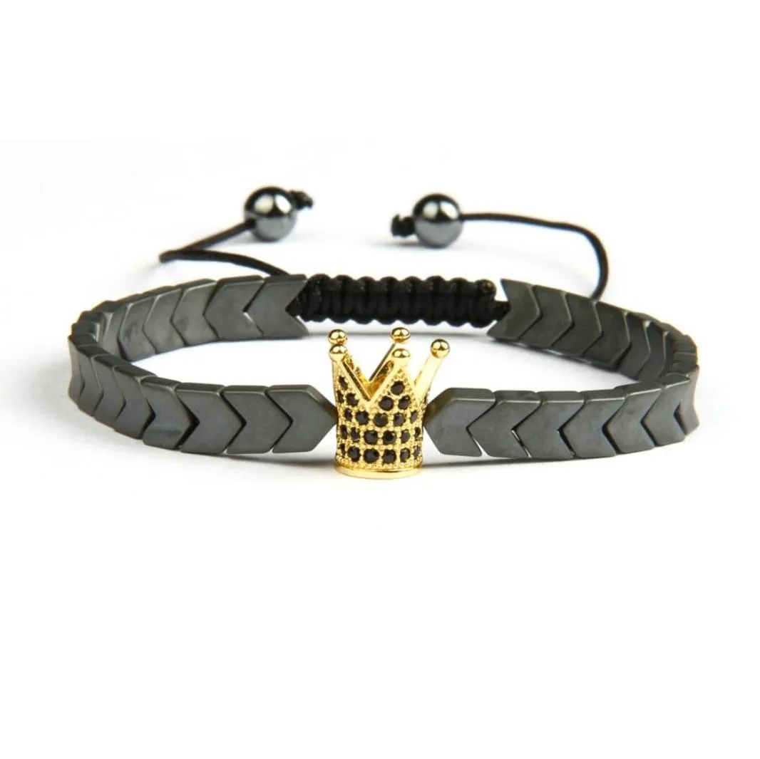 Braccialetti CZ Crown Men Bracciale a corona d'oro nero intero pavimentazione oro con perle di pietra di ematite per men2487561