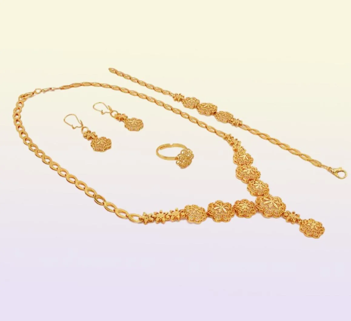 Indian Luxury 24K Gold Designer Girl Jewelry Conjunto de jóias Brincho de colar Dubai Jóias de jóias de noiva para mulheres 2201197911000