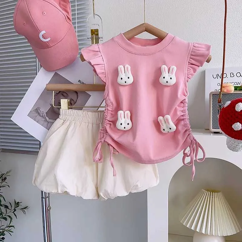 Vêtements Ensemble de vêtements Girls Set Summer Flying Sleeve Rabbit T-shirt + Shorts Fashion Korean Baby Girl Tentifit Sweet Children Clothing Cost