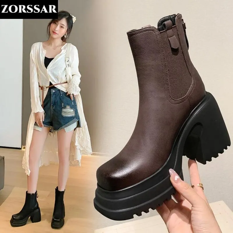 Boots Brand Classic Design Women Cow Leather Chunky Shoes Woman Platform 10cm Höga klackar Tjock Soled Black Female Ankle Booties