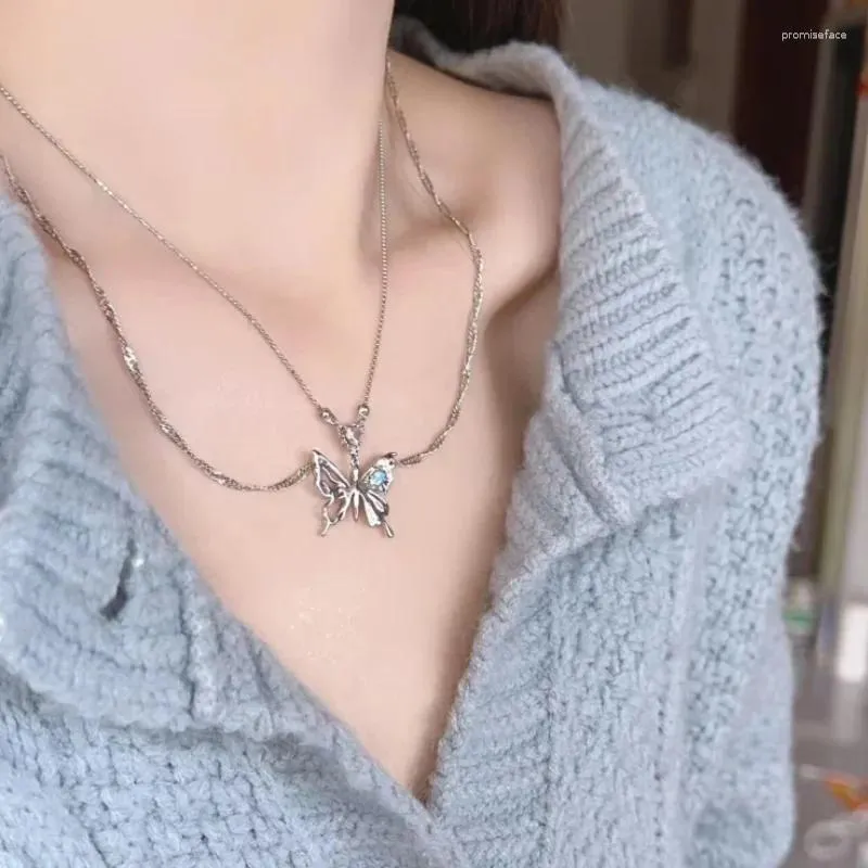 Pendant Necklaces Vintage Butterfly Crystal Double Layer Necklace For Women Cute Heart Chain Girls Punk Jewelry Y2K Accessories
