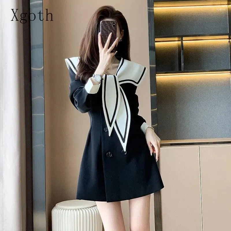 Casual Dresses Ladies French Gentle Cross Lace Up Sailor Collar Double Breasted Waist Retraction Temperament Short Skirt Women Clothing