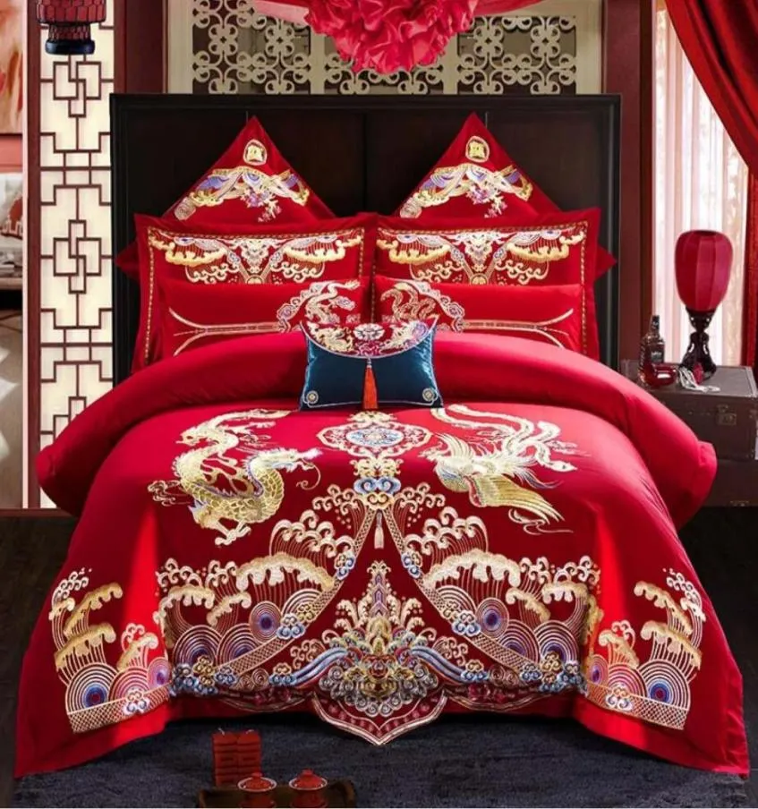 Luxury Bedding Set Dragon Phoenix Embroidery Red Chinese Style Wedding 100 Cotton 46Pcs Princess Bedclothes Duvet Cover Bed Shee2571097