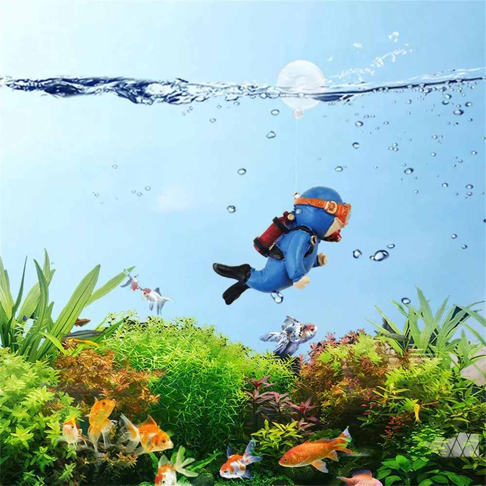 Figura De Buceador Para Acuario | Decoración Flotante Con Cuerda Ajustable | PVC No Tóxico Para Peces (3 X 7 Cm)