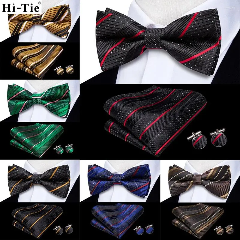 Bow Binds Hi-Tie Striped Black Red Mens Biege Binde Binde Binde Cufflink vorgebundener Seiden Schmetterling Knoten Bowtie für männliche Business Party Großhandel