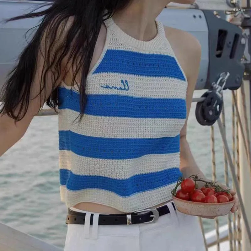 Women's Tanks HELIAR Women Striped Crop Tops Patchwork Knit Off Shoulder Tank Y2K Female O-Neck Elastic Sexy Spring Summer