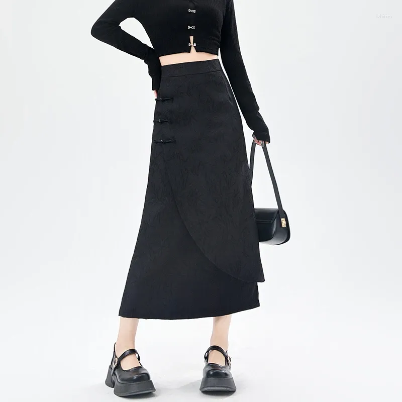 Skirts Chinese Style Knot Buttons Mid-length Women Spring Summer High Waist Slit A-line Skirt Ladies Elegant Vintage Long