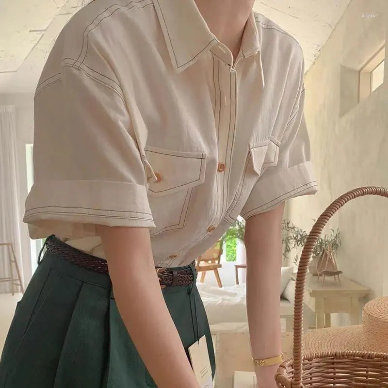 Femme Polos Corée de style coréen Spring Summer Double Pocket Stich Bay Shirt à manches mi-manche