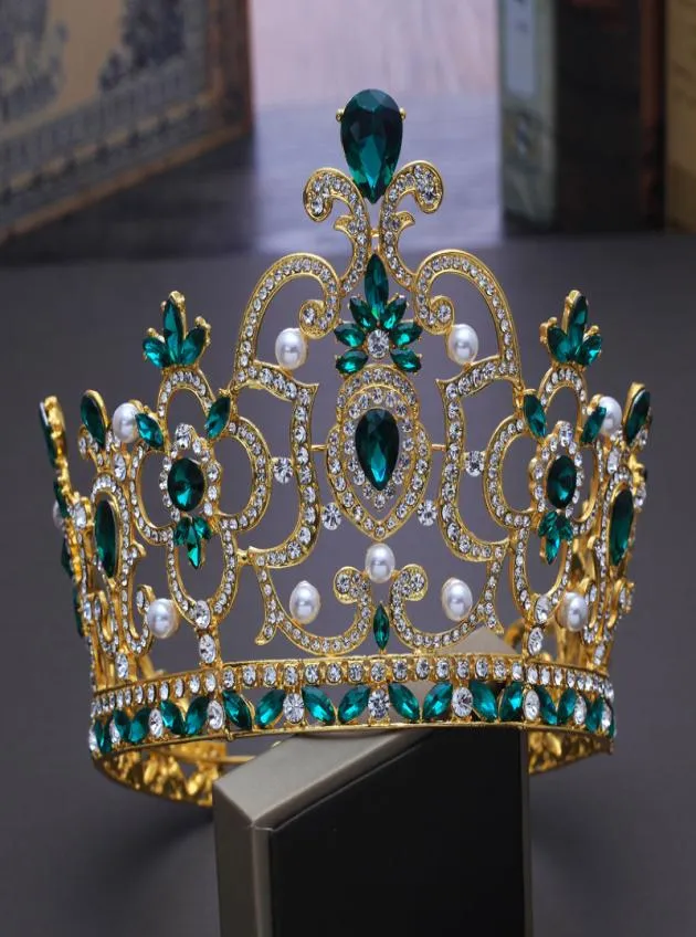 Bruids tiara's en kronen Volledige parel rood groen kristal Rhinestone gouden bruiloft haarkroon voor vrouwen haar sieraden accessoires3230293
