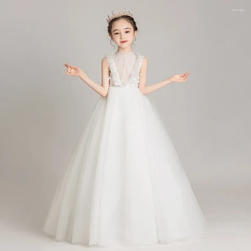 Girl Dresses Children's Dress 2024 Fashionable Sleeveless Fluffy Gauze Flower Wedding Host Piano Performance