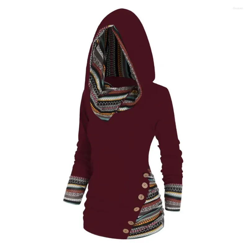Hoodies feminino Mulheres Capuz de estilo étnico faixa geométrica com decoração de botão Autumn Winter Sweatshirt Midn Length Compoled Long