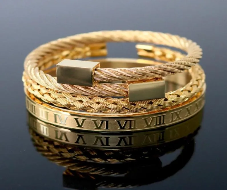3pcSset Roman Nombre Numéro Bracelets Corde de chanvre en acier inoxydable boucles ouvertes Braceuses Gol