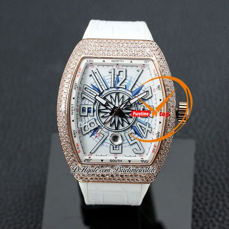 Vanguard Yachting V45 Automatyczne męskie zegarek Rose Gold Diamonds Bezel White Dial Arabic Numerals Białe gumowe skórzane gumowate pasek RELOJ HOMBRE MONTRE Pureteme PTFM