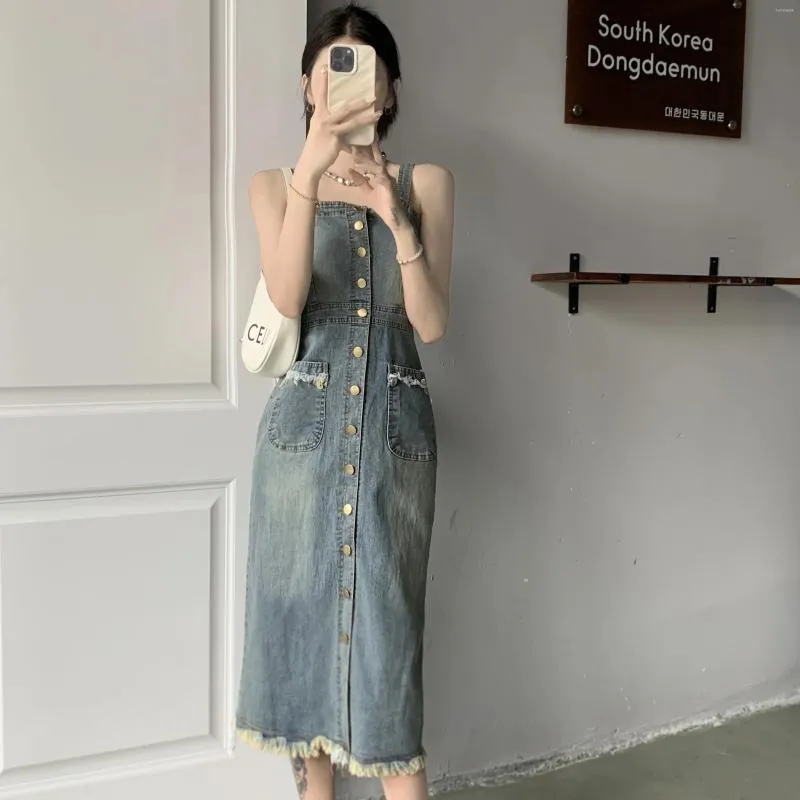 white christmas dresses Savannah Medium Wash V Neck Sleeveless Denim Mini Dress S / Medium Wash main image 0