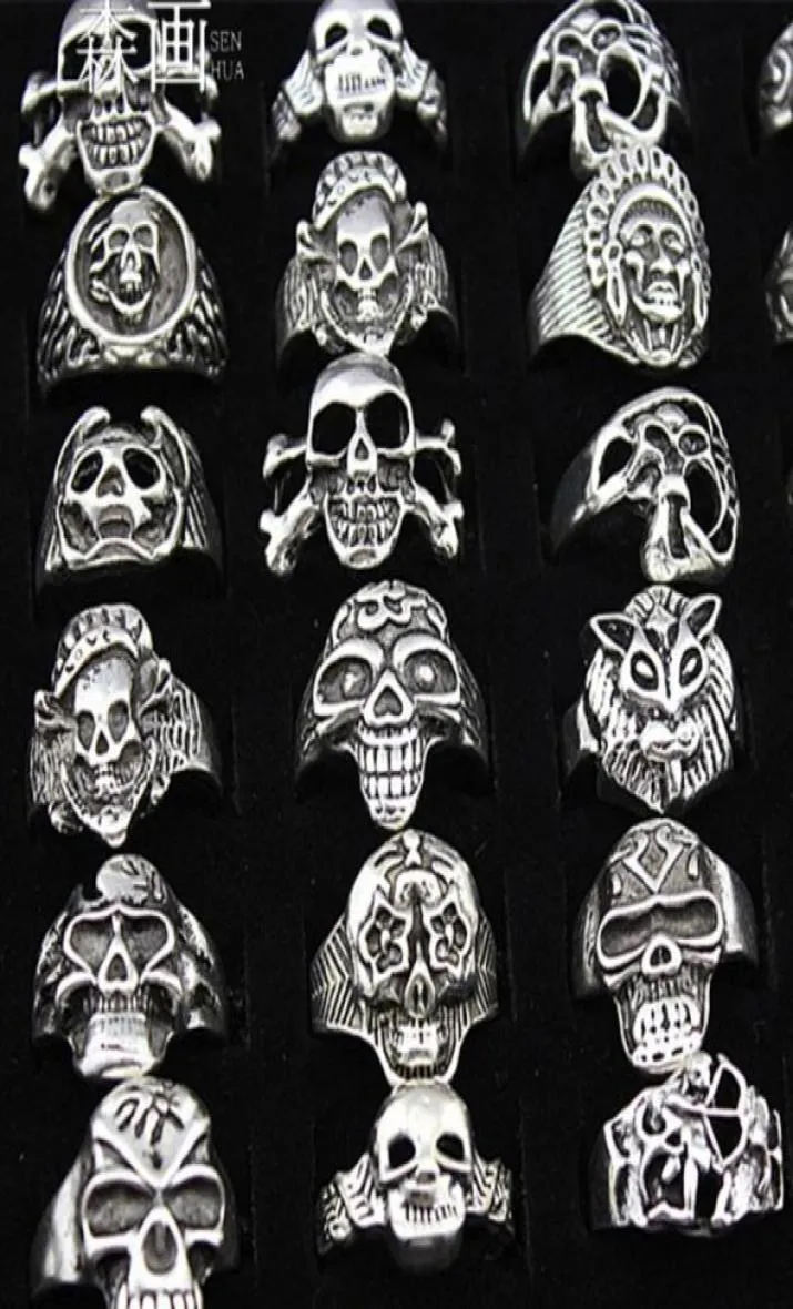Senhua entiers lots 25pcs mixtes cool garçon bijoux biker gothique style squelette argenté antique anneaux de crâne pour halloween cadeau 52536672315