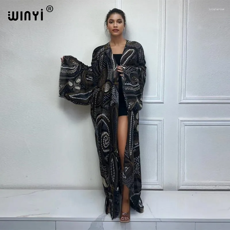 Kimono Beach Wear Women 2024 Deksel Cover Up Cardigan Stamping Retro Print Coat Abayas Dubai Luxury Muslim
