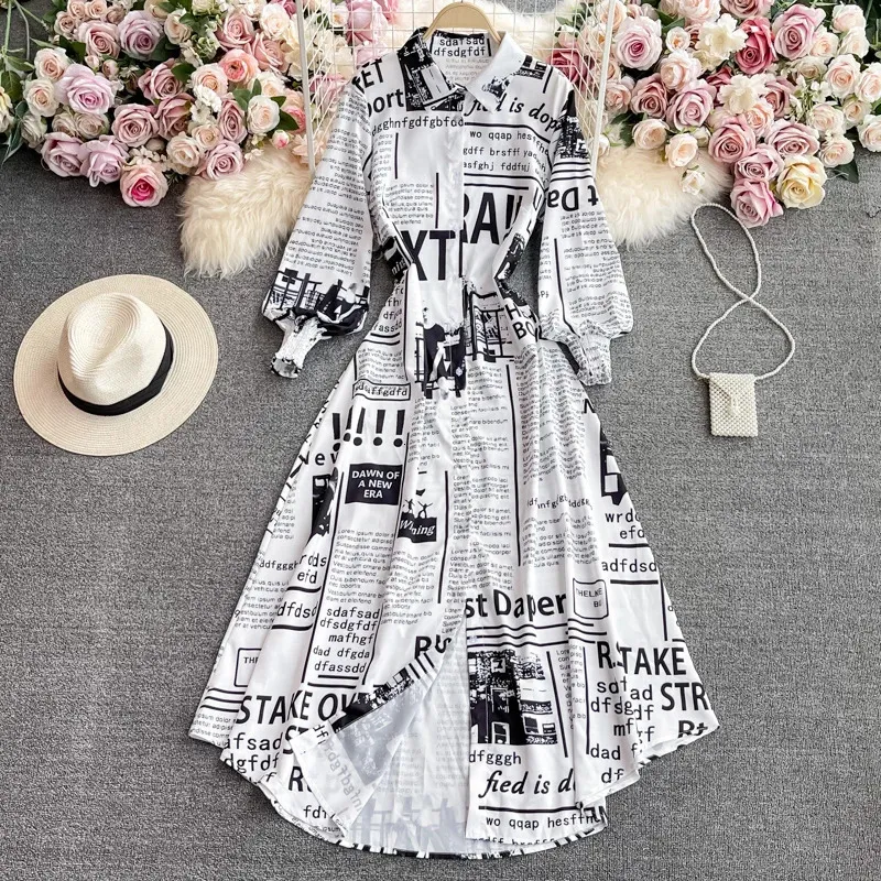 Francês Slim Print Print Laplen Sleeve Single Dress Single Basted Dress Chic Vestidos Summer Moda A-Line Dresses 240429