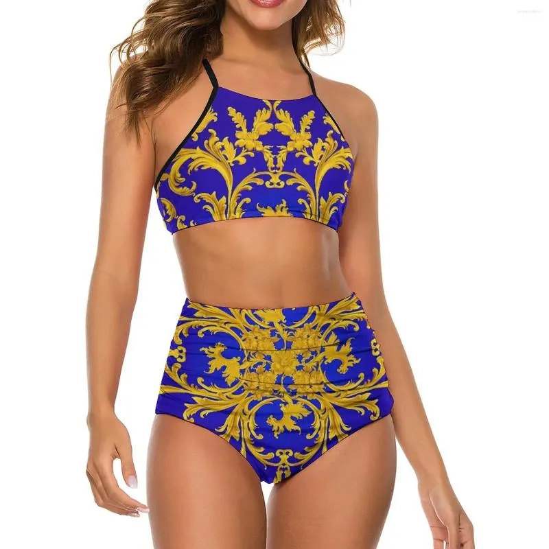 Frauen Badebekleidung Sexy Barockdruck Bikini Set Blue and Gold Novel Badeanzug Hochtütiger Pool Übergroßer Badeanzug