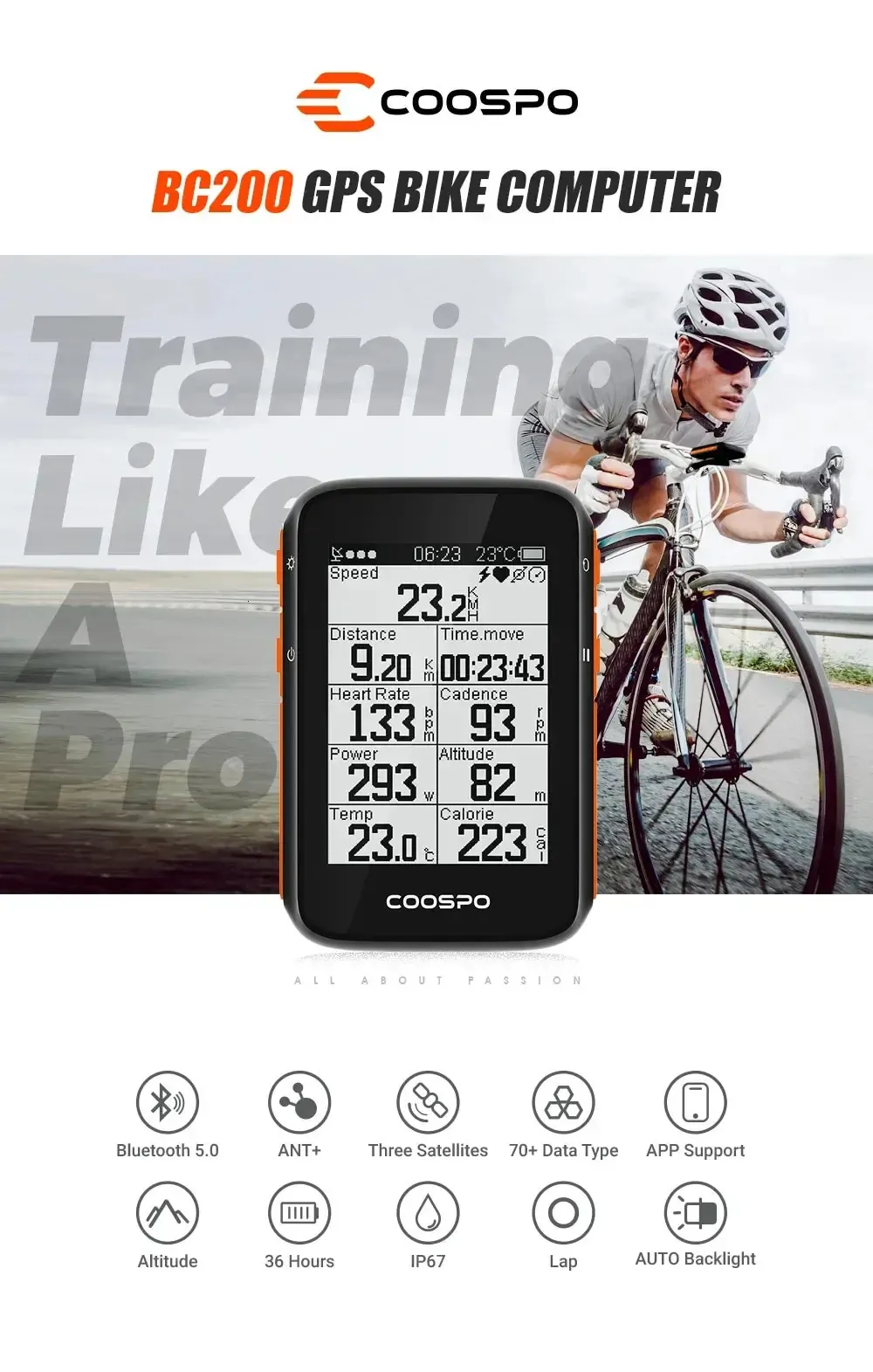 COOSPO BC200 Wireless Bicycle Computer GPS Speedometer with Bluetooth 5 ...