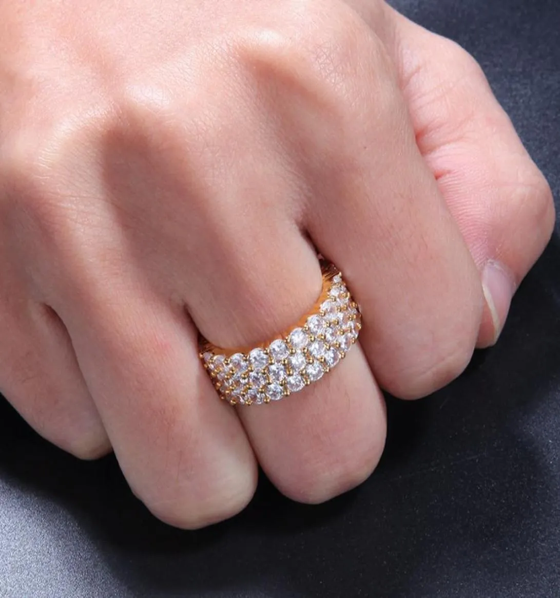 Nouveau hip hop bling mens de bijoux pour femmes anneaux or argent en or trois rangs zircon diamant engagement glacé anneaux 4197128