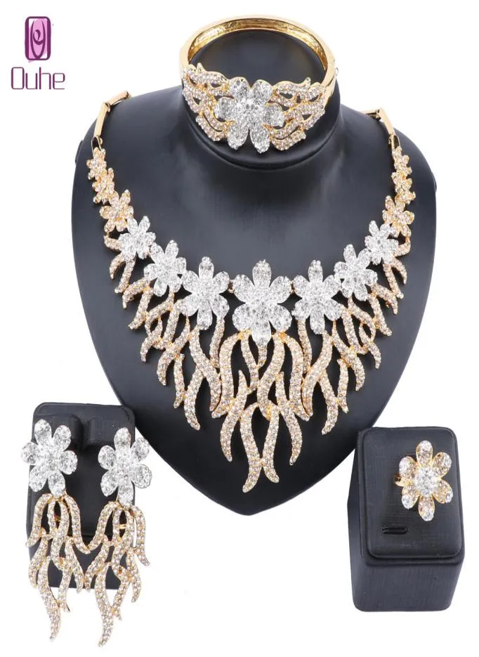 Mariage Full Rinestone Crystal Flower Bridal African Gold Color Collier Oreurs Bracelet Ring Women Party Bijoux SETS2705150