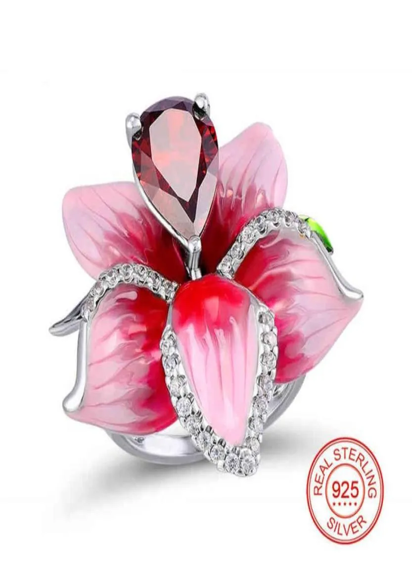 925 Sterling Silver Female Luxury Excellent Elegant Pink Enamel Flower for Woman Fashion Wedding Jewelry Ring Cricle6427662