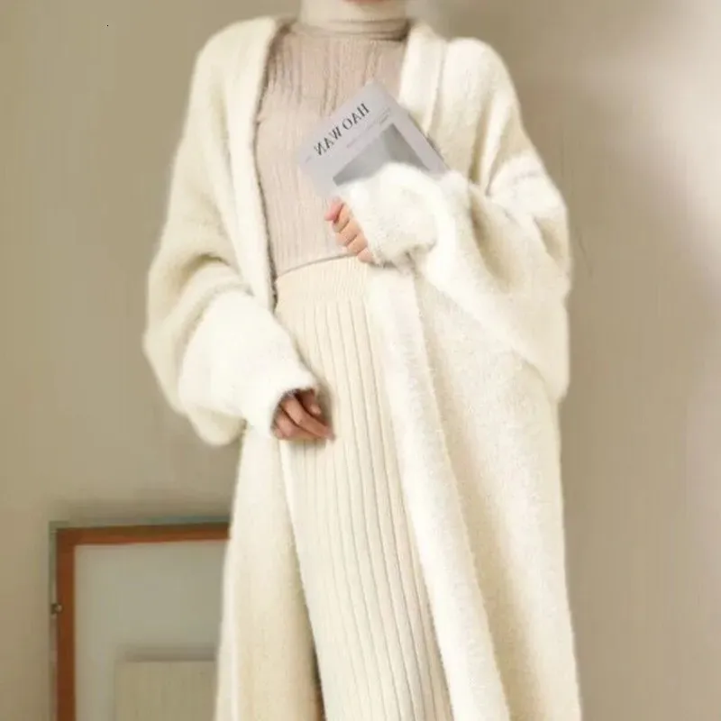 Белый длинный кардиган для женщин 2024 зимняя одежда вязаная пушистая пушистая кашемировое свитер с длинным рукавом клоткореанский стиль теплый винтаж 240420