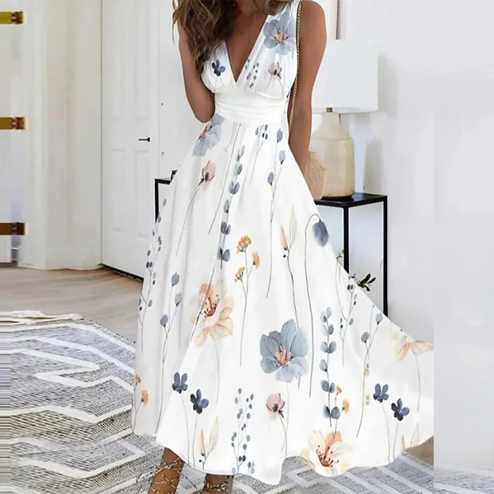 Plus -storlek Chiffon Sexig blommig tryckklänning för kvinnor sommar elegant bohemiska långa klänningar kvinnliga kläder vestido kjol 240509