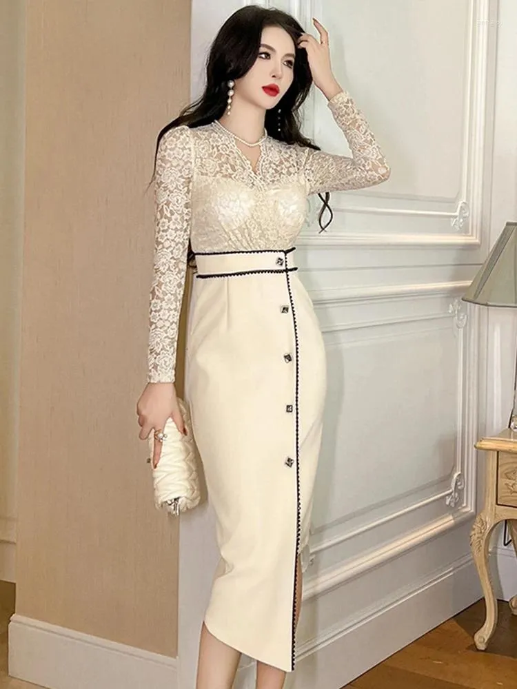Casual Dresses Womens French Elegant Irregular Sheer Lace Spliced Single  Breasted Midi Dress from Dhgate Basic & Casual Dresses - price 42.82