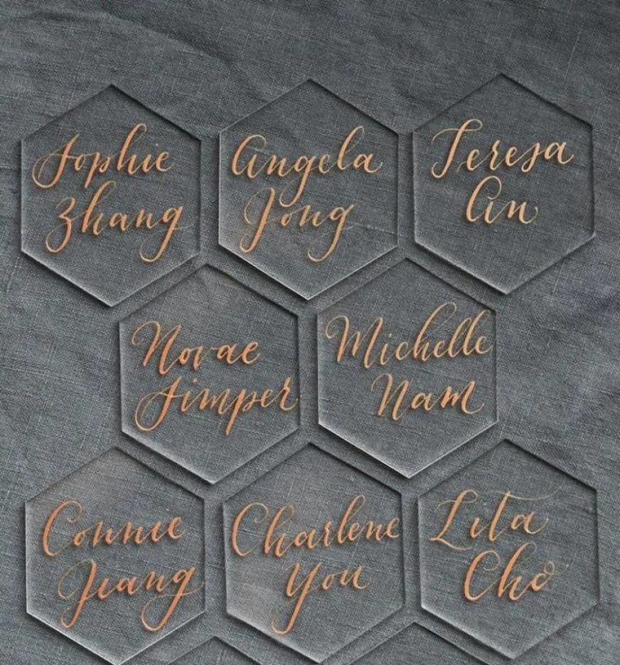 Cartes de voeux 20pcs acrylique claire hexagone vide place laser cut tarde carreaux de mariage décoration pour les numéros de table nom de l'invité 2140201