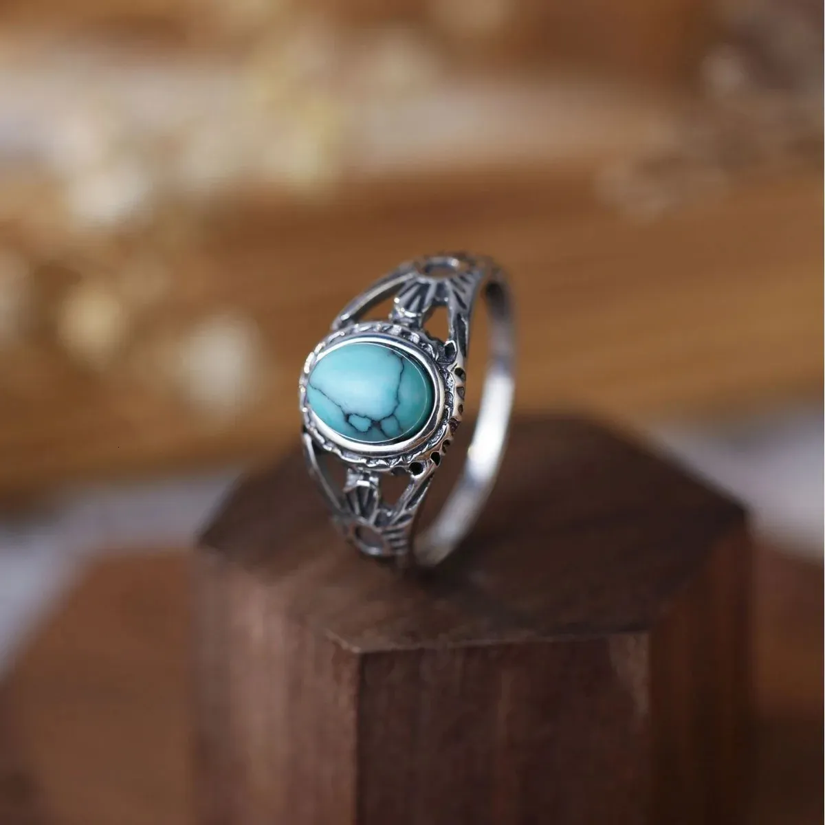 100% S925 Sterling Silver Simple Design Ovaal Turquoise Damesring Luxe Elegante gepersonaliseerde bruiloft 240424