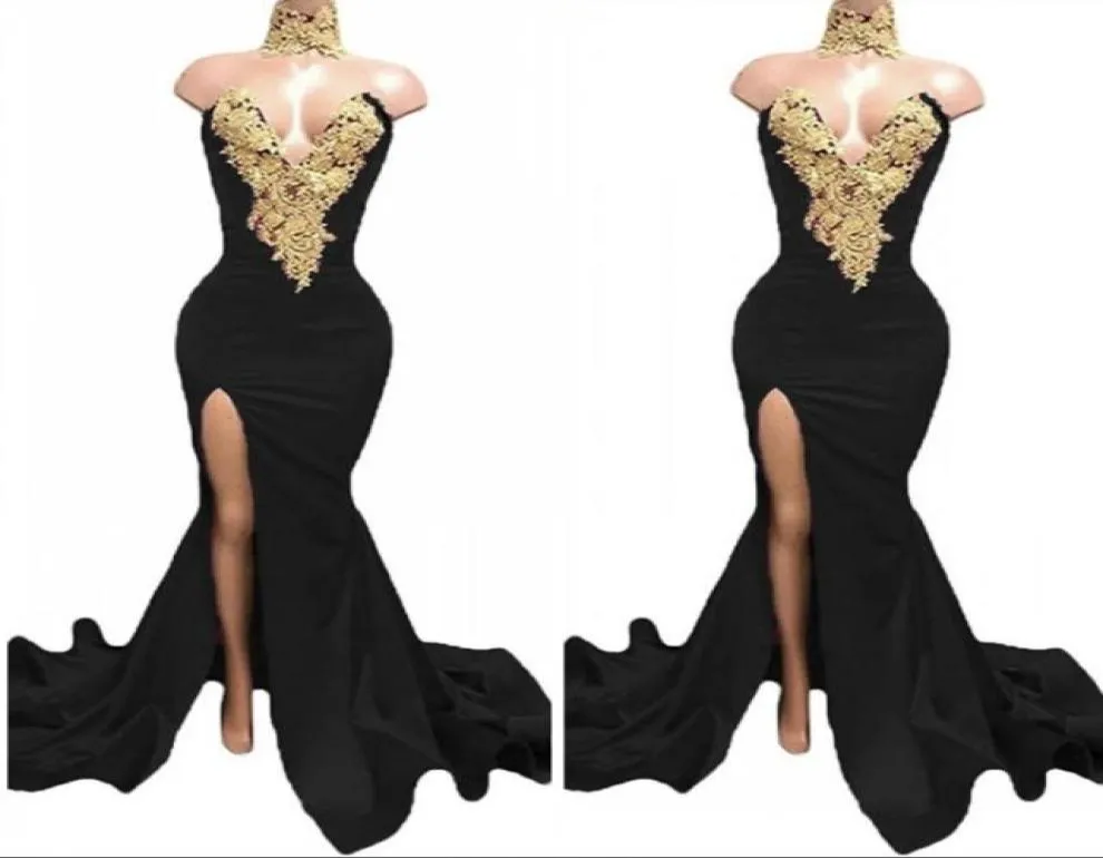 Black Long Split Prom Dresses 2020 Formal Evening Party Pageant Gowns African Dress High Neck Mermaid Plus Size Custom Made6863746