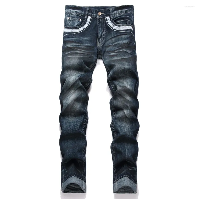 Herren Jeans Männer Schädel Stickerei Denim Streetwear Neon Patch Stretchhose Vintage Dark Blue Whisker Hosen