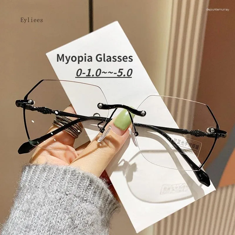 Sunglasses Irregular Polygon Rimless Myopia Glasses For Women Men Blue Light Filter Finished Prescription Eyewear Nearsighted -1.0