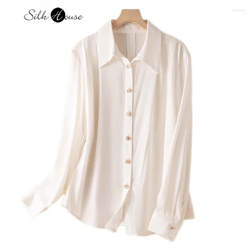 Camicette femminili 2024 Spring/Autunno 93%Silk Naturale Elastico Doppio Qiao Satin White Solido Solido Shirt a maniche lunghe