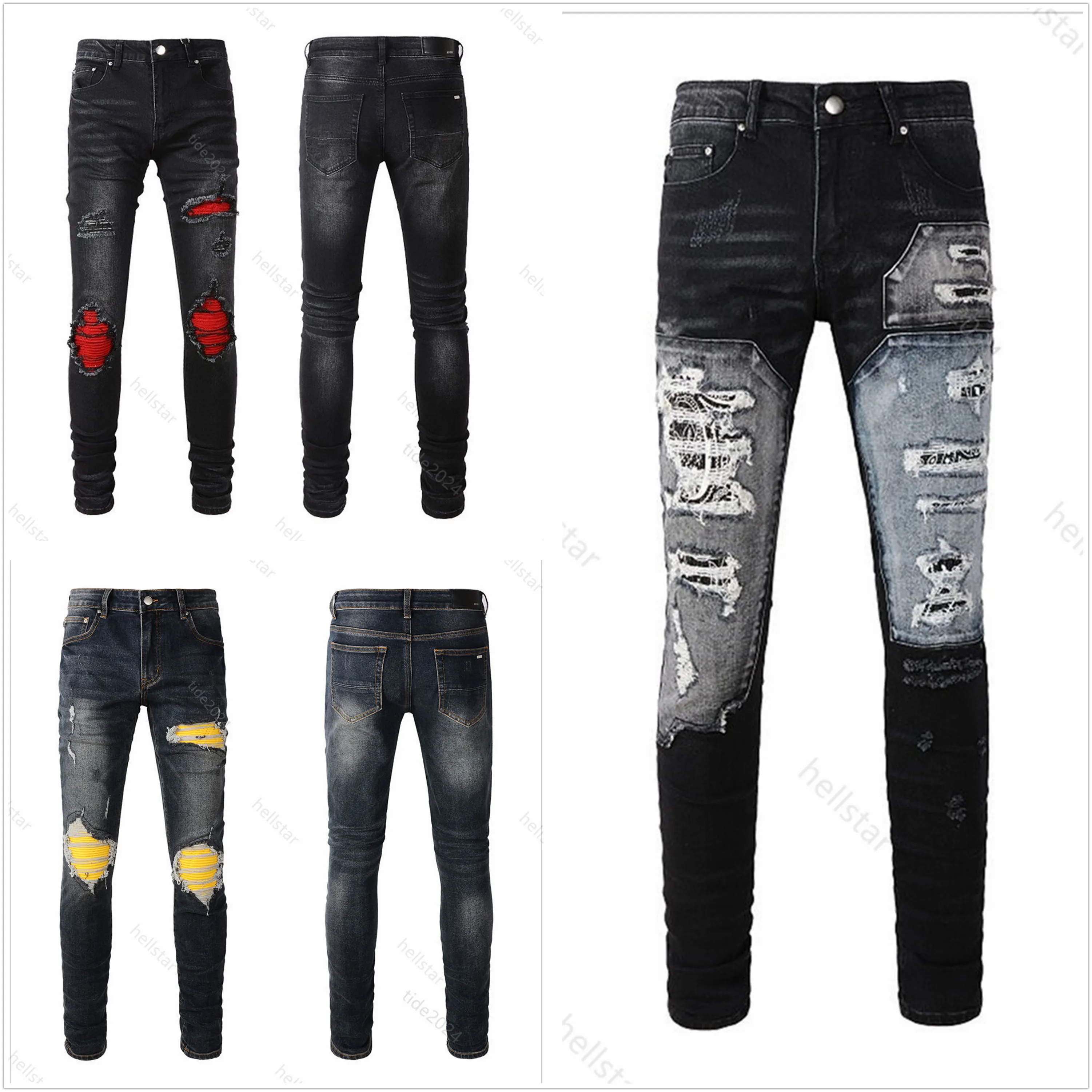 AMIRIR Jeans Designer Jeans Pantalones de mezclilla Pantalones negros Bordado de bordado de calidad de alta gama rasgada para tendencias Marca Vintage Pant Mens Floltea Fecha delgada A1