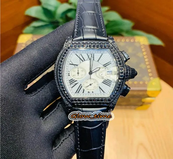 Hoge kwaliteit Tortue White Dial Black Diamond Inlay Case W6206019 Mens Watch Japan VK Quartz Chronograph Movement Leather Strap Lux9923213