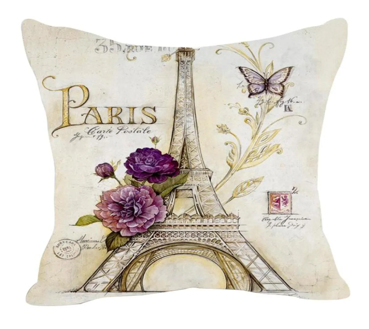 Sketch de style rétro Paris Eiffel Tower Taile Pouteau d'oreiller couvercle d'oreiller Cushion Decal Lin Blend Meterial1696935