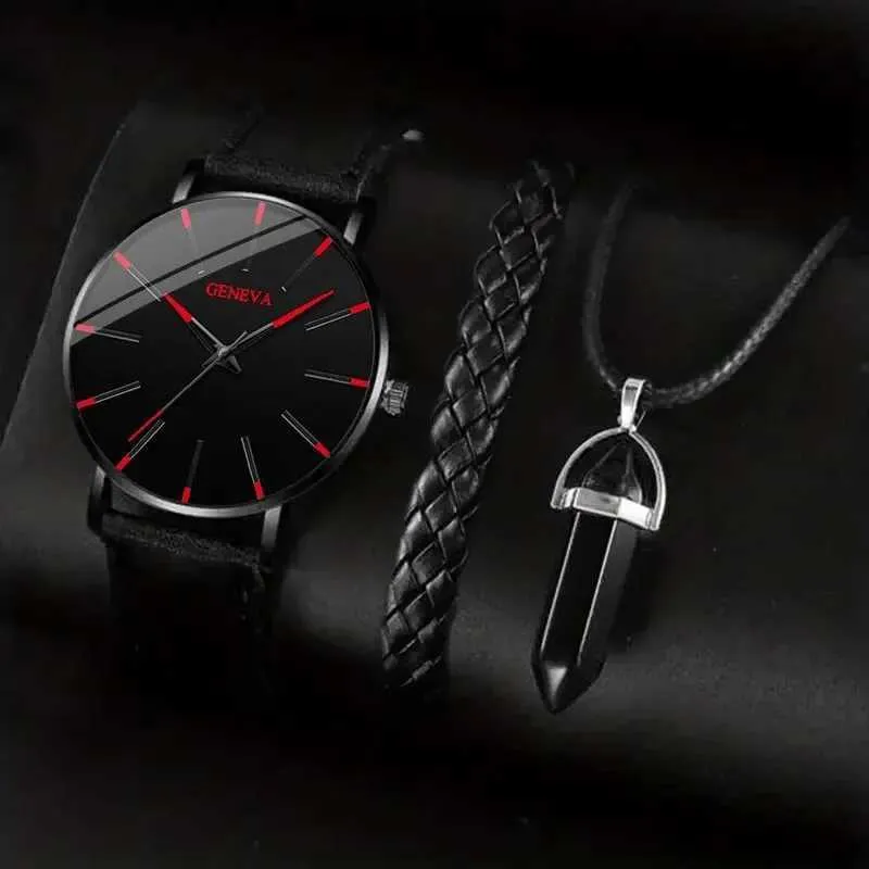 Montre-bracelets 3pcs Set Fashion Mens Es Luxury Casual Leather Quartz Men de poigne