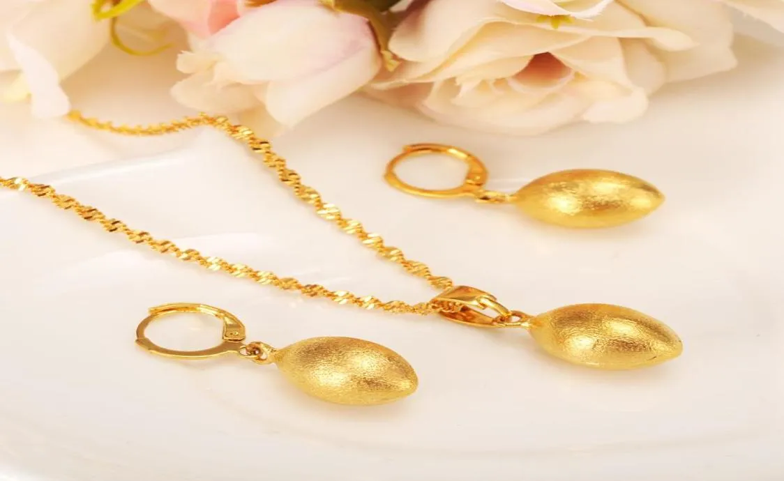 Golden Eggs Oval Bead Necklace Pendant Earrings Jewelry Set Party Gift 18k Yellow Fine Gold GF Africa ball Women Fashion SHIP5092451