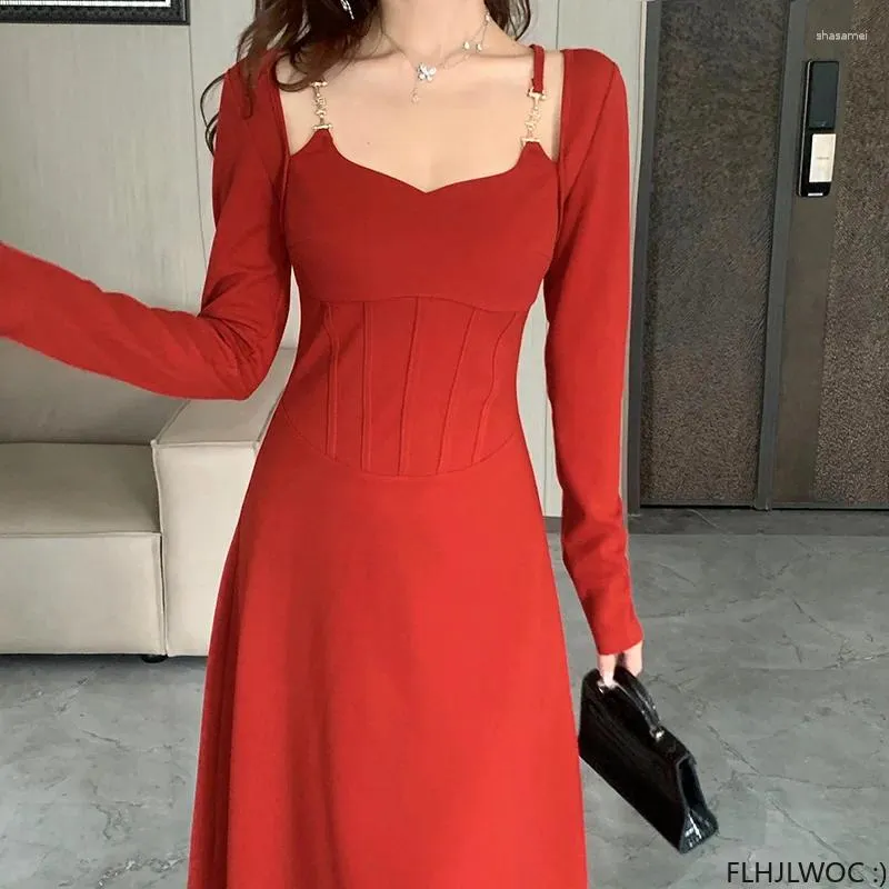 Casual Dresses Year Chic Elegant Annual Meeting Red Dress Fashion Women Solid Square Neck French Design Party Long Vestidos